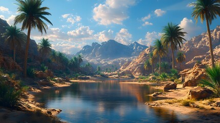 Mystical Desert Oasis with Palm-Lined Pond Sparkling Under the Midday Sun Amid Scattered Ancient Stones