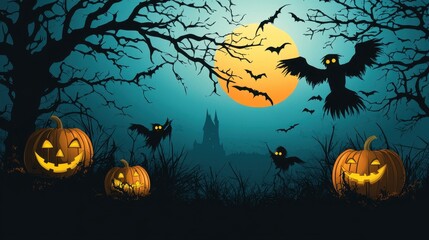 Fototapeta premium Spooky Halloween night scene with pumpkins, bats, owl, full moon, and haunted castle. Concept of Halloween, spooky, and autumn.