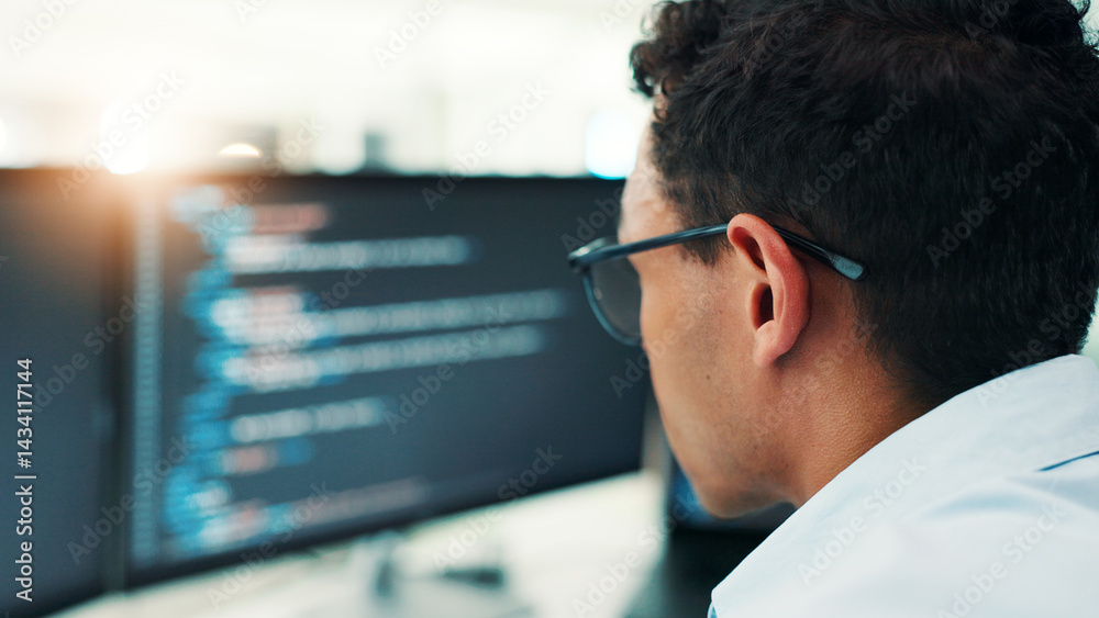 Aufkleber Coding, man and computer screen with reading in office for software development, website maintenance or app testing. Back, programming and employee with data analytics for system update and planning