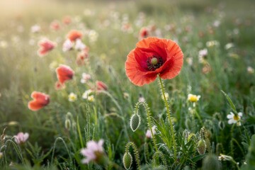 Vibrant poppy blooms sway gently in a sunlit meadow during a serene spring morning