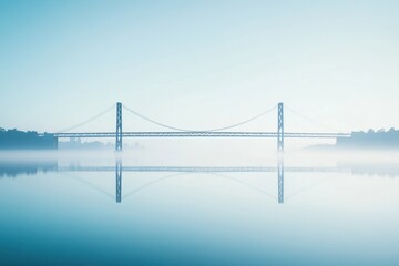 Fototapeta premium Serene suspension bridge reflection in tranquil water under soft light blue sky creating peaceful atmosphere and minimalist composition with foggy background