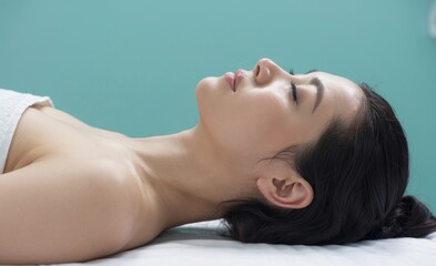 Obraz premium Relaxation and serenity embrace an Asian woman in a soothing spa environment with turquoise background