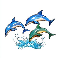 Naklejka premium Three Dolphins Leaping from Ocean Water, Watercolor Illustration