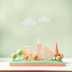 3D city illustration with soft pastel colors and simple geometric shapes. Modern minimalist style.