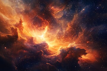 Fototapeta premium Dramatic space nebula with vibrant orange and blue hues, filled with stars. Concept of cosmic beauty, space exploration, and astronomical phenomena.
