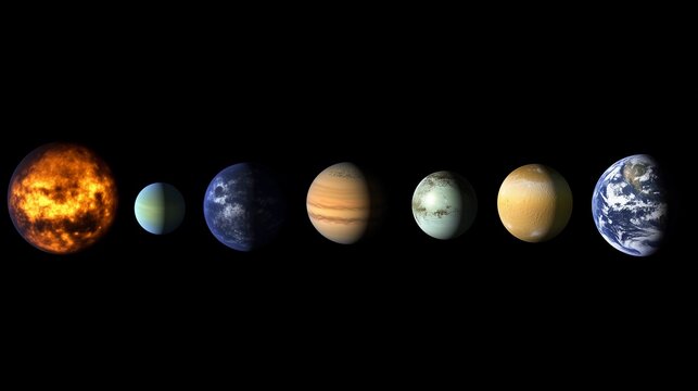 A black and white photo of the planets in our solar system. The planets are lined up in order from the sun, with the innermost planet being the closest to the sun