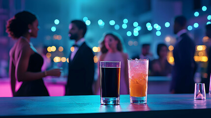 Two Cocktails on Bar with Blurred People in Background during Night Party with Neon Lights
