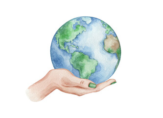 Isolated composition watercolor illustration of a hand holding the planet Earth