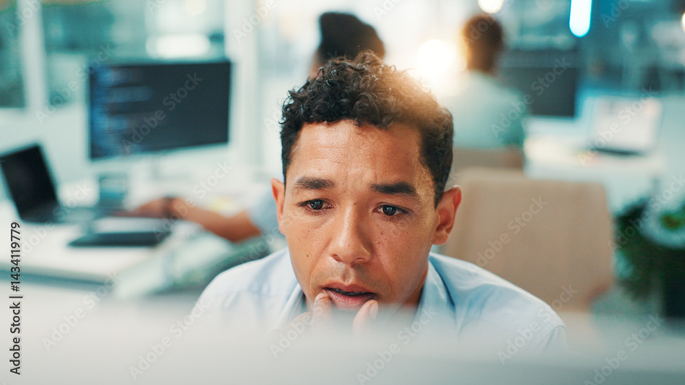 Aufkleber Programmer, thinking and man on computer in office for problem solving, development or insight for code. Idea, serious developer and software project for creative inspiration, reading or planning