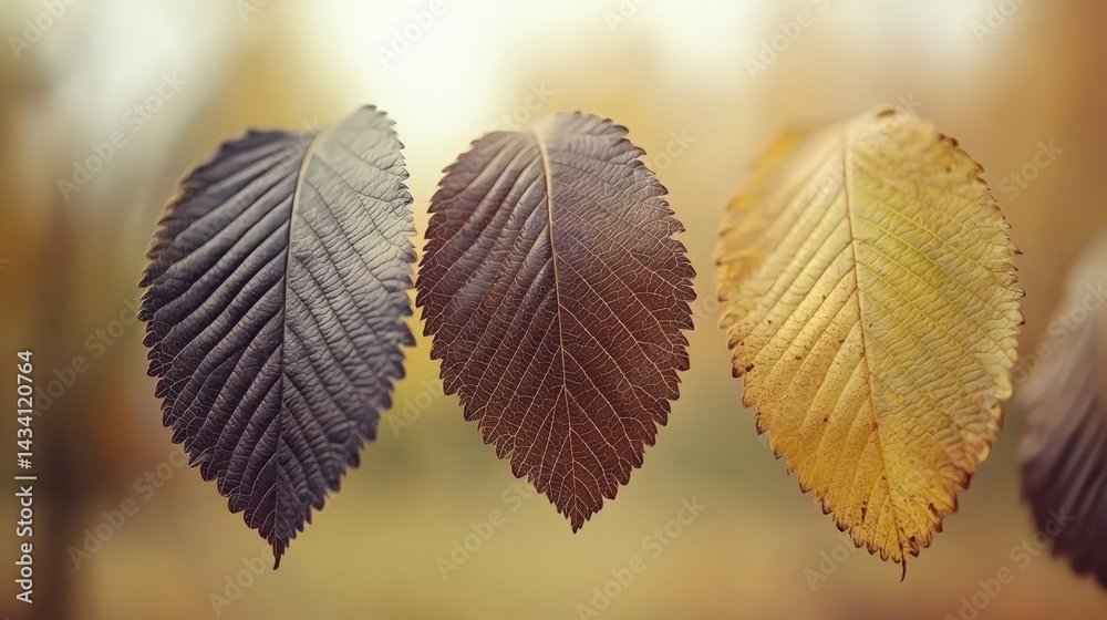 Poster three leaves are hanging from a window sill. the leaves are brown and yellow, and they are all diffe