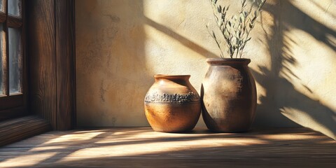 Rustic pottery jars sunlight windowsill