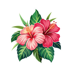 Colorful tropical hibiscus flowers and leaves vector illustration isolated on white background