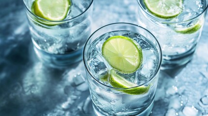 Three glasses of water with a lime slice in the middle. The glasses are on a table. Scene is refreshing and healthy