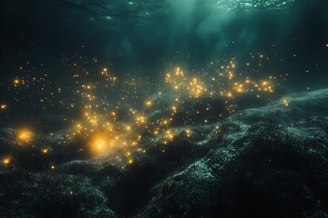 A chaotic underwater current with suspended particles glowing in dim light.