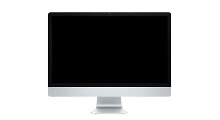 A silver imac computer with a black screen is centered on a black background in a studio shot