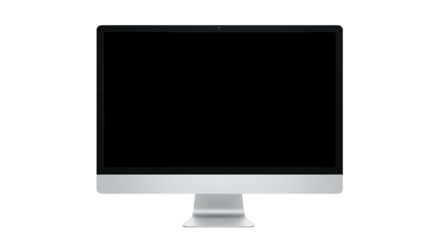 A silver imac computer with a black screen is centered on a black background in a studio shot