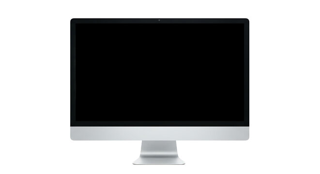 A silver imac computer with a black screen is centered on a black background in a studio shot