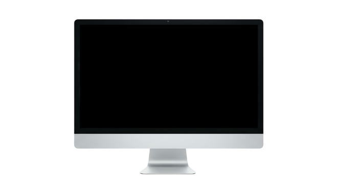 A silver imac computer with a black screen is centered on a black background in a studio shot