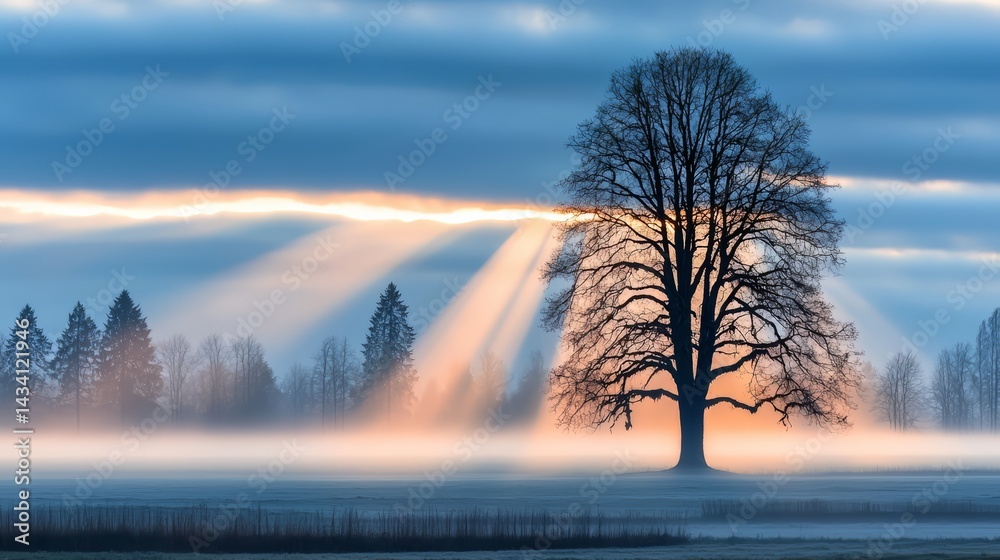 Poster tree is silhouetted against the sky with the sun shining through the leaves. the scene is peaceful a