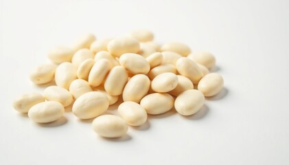 Scattered white beans against pure white backdrop, product photography, white beans, white texture