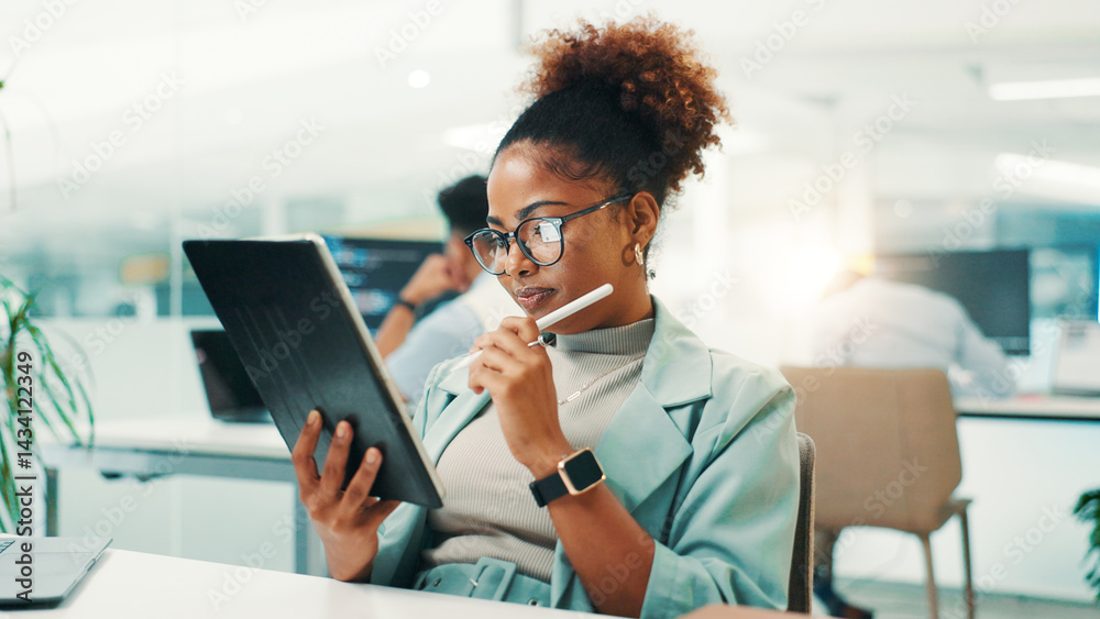 Aufkleber Tablet, thinking and woman in office with stylus for web development, update or reading software review. Network, coding and programmer on digital app with pen, ideas and ux design at tech agency