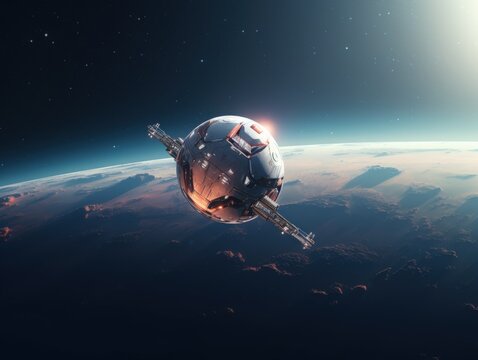 A futuristic spacecraft orbits a distant planet, showcasing a striking view of space with stars and celestial wonders in the background.