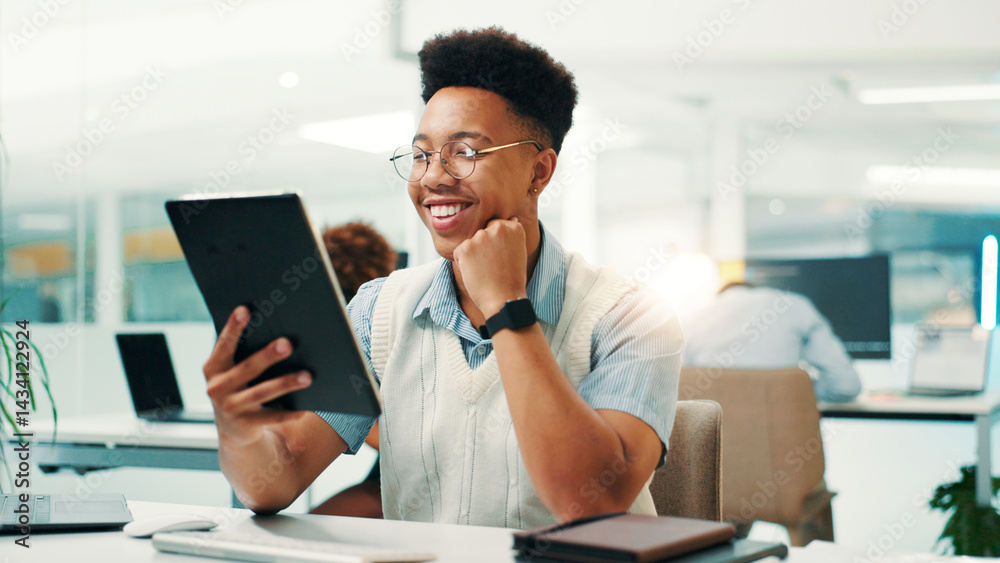 Poster Programmer, research or man with smile or tablet for reading code, app development or debugging. Good news, programming or happy developer with review for software testing, system or online update