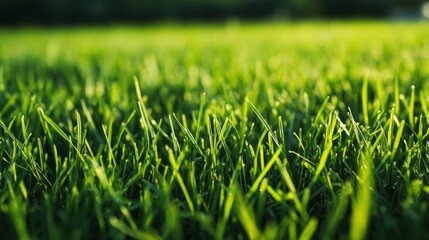 Fototapeta premium Close-up of vibrant green grass blades illuminated by sunlight.