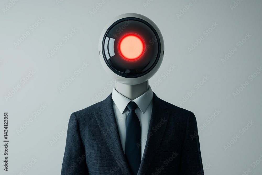 Poster futuristic robot with a camera lens head wearing a business suit, symbolizing artificial intelligenc