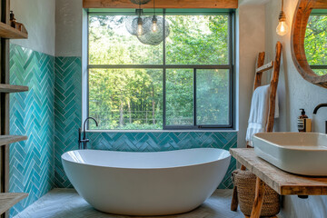 Fototapeta premium A modern bathroom with a freestanding tub and turquoise tiles offering relaxation and elegance in a stylish, light-filled space