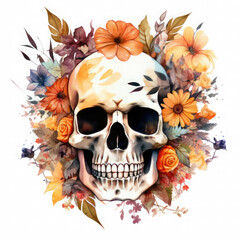Watercolor Skeleton's Head Among Flowers, clipart Illustration, Generative Ai