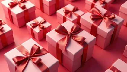 Elegant red ribbon tied gift boxes, repeating pattern, art, textile