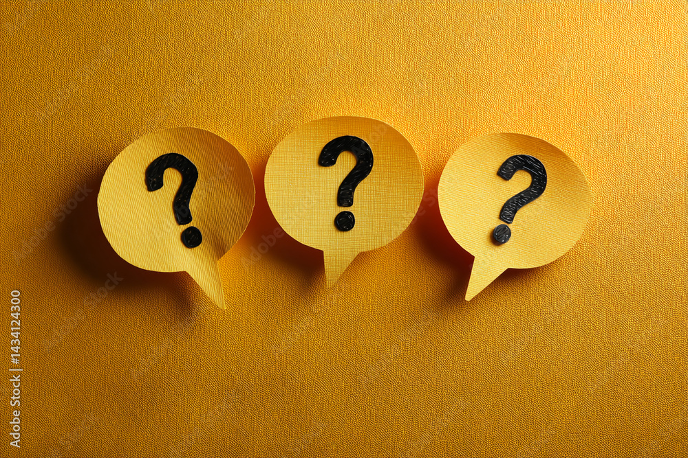 Poster Three yellow speech bubbles with black question marks on a textured yellow background, representing inquiry, questions, and uncertainty, ideal for FAQ pages or help sections