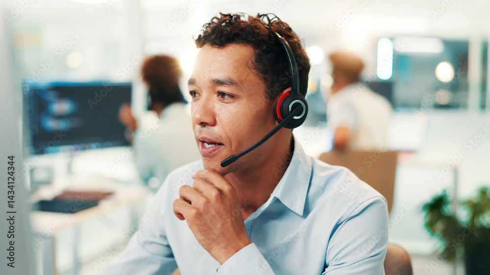 Poster Headset, man and technical support agent in office for communication, contact us or networking. Technology, crm and male call center consultant with online consultation for helpdesk in workplace.