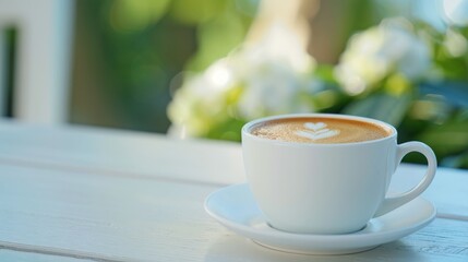 Fototapeta premium A delicate white cup of coffee rests on a saucer, with a heart-shaped latte art design, surrounded by a soft-focus background of greenery.