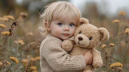 Toddler hugs teddy bear in autumn field; heartwarming family photo
