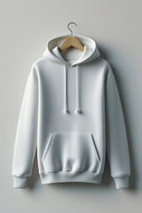 Plain white hoodie mockup without model, hanging on a hanger against a neutral background. Minimal design, perfect for branding or fashion catalogs.