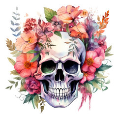 Fototapeta premium Watercolor Skeleton's Head Among Flowers, clipart Illustration, Generative Ai