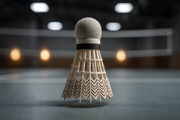 A badminton shuttlecock cork with a focus on the texture and design, placed on a court with net and line markings in the background, captured in an indoor setting with clear artificial lighting.