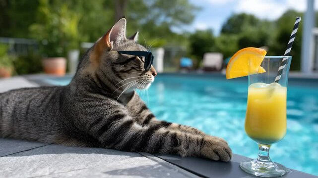 A relaxed cat wearing sunglasses next to a colorful drink by the poolside.