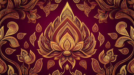 Retro floral seamless pattern with gold swirl elements