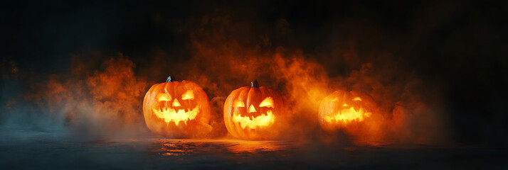 Naklejka premium Halloween pumpkins illuminated against a dark background with a copy space area, a banner design. 