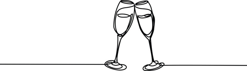 continuous single line drawing of champagne glasses clinking, line art vector illustration