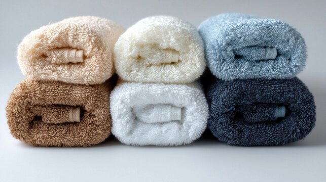 Soft plush towels stacked in beige white light blue dark blue colors cozy bathroom linen for comfort and relaxation home decor