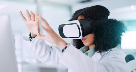 Woman, scientist and simulation with VR for futuristic development or virtual planning at laboratory. Female person, science or medical research with technology for 3D, UX or scientific testing