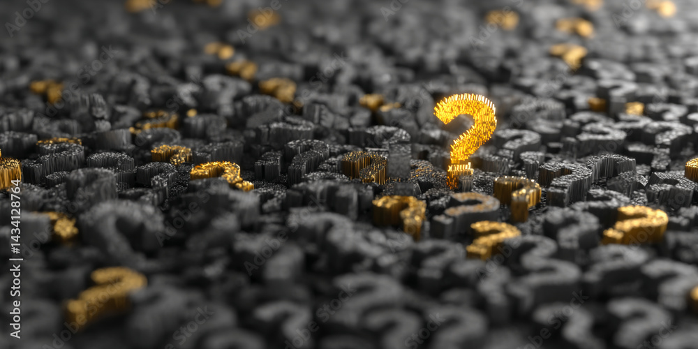 Poster Gold question mark stands out among numerous gray question marks, symbolizing unique solution or finding answers amidst complexity
