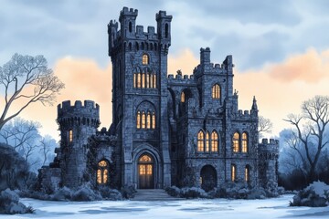 Obraz premium A dark, imposing castle stands amidst leafless trees, with intricate architecture and glowing windows, creating a mysterious atmosphere against a cloudy sky.