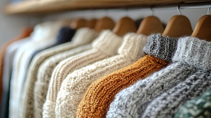 Cozy knit sweaters arranged neatly on wooden hangers in a well-lit clothing store display