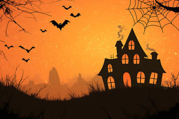 Halloween background with a spooky house, spider web, and pumpkin vector illustration on an orange color background.
