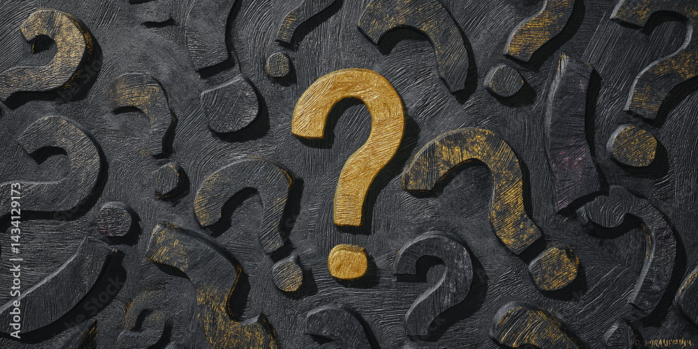 Poster Textured background of black and gold question marks A large gold question mark stands out symbolizing inquiry, uncertainty, or problem-solving
